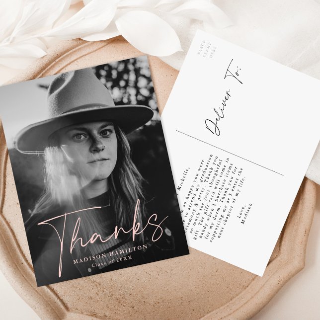 Stylish Blush Script Photo Graduation Thank You Postcard (Creator Uploaded)