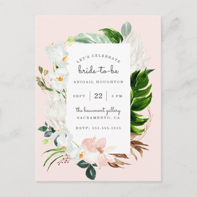 Stylish Blush & Tropical Greenery Bridal Shower Invitation Postcard (Front)