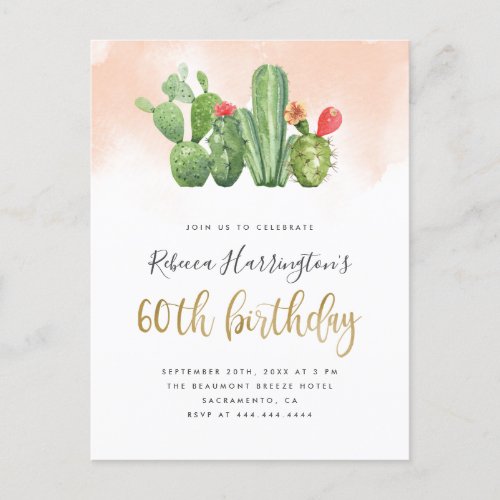 Stylish Blush Watercolor  Cactus 60th Birthday Invitation Postcard