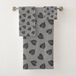 Stylish Bodhi Leaves on Gray Bath Towel Set