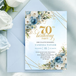 Stylish bohemian blue florals gold 70th birthday  invitation