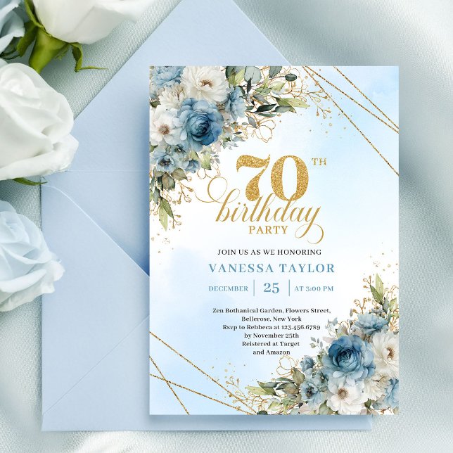 Stylish bohemian blue florals gold 70th birthday  invitation (Stylish bohemian blue florals gold 70th birthday invite

)