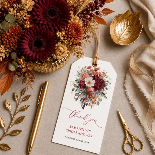 Stylish bohemian burgundy floral bridal shower gif gift tags