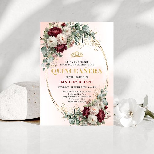 Stylish Bohemian Maroon Flowers Gold 15th Birthday