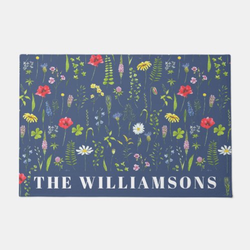 Stylish Boho Blue Wildflowers Floral Personalized Doormat