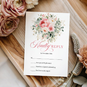 Stylish Boho Blush Floral Gold Wedding RSVP Design Card