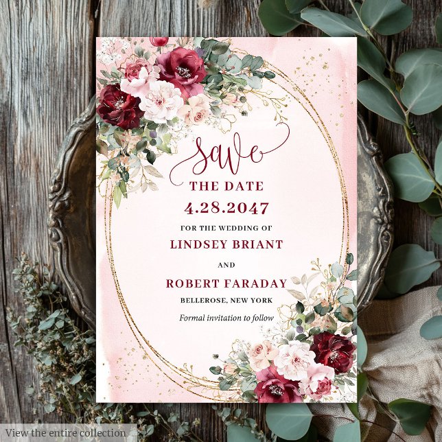 Stylish Boho Burgundy Blush Gold Floral Save date Invitation (Minimalist Boho Merlot Blush Gold Roses Save It)