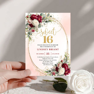 Stylish Boho Burgundy Blush Gold Floral Sweet 16th Invitation