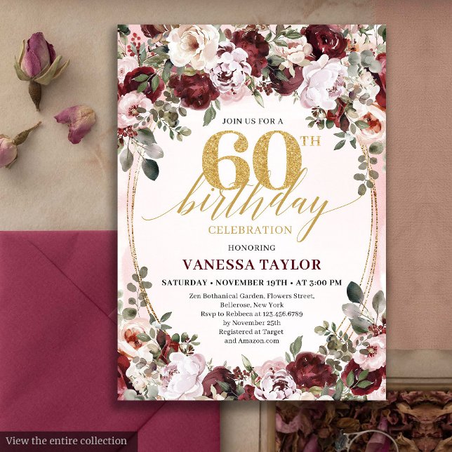 Stylish Boho Burgundy Floral 60th Birthday Invite (Stylish Boho Burgundy Floral 60th Birthday Invite)