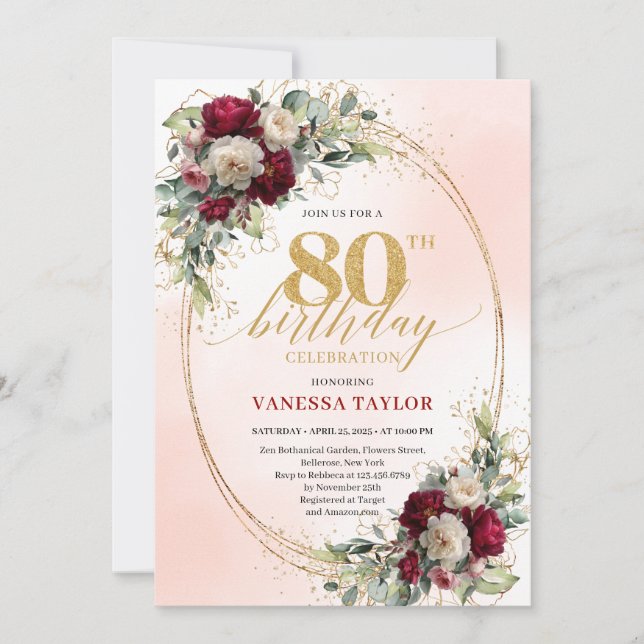 Stylish Boho Burgundy Gold 80th Birthday Invitatio Invitation (Front)