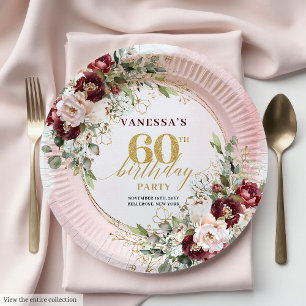 Stylish Boho Burgundy Gold Floral 60th Birthday Paper Plates
