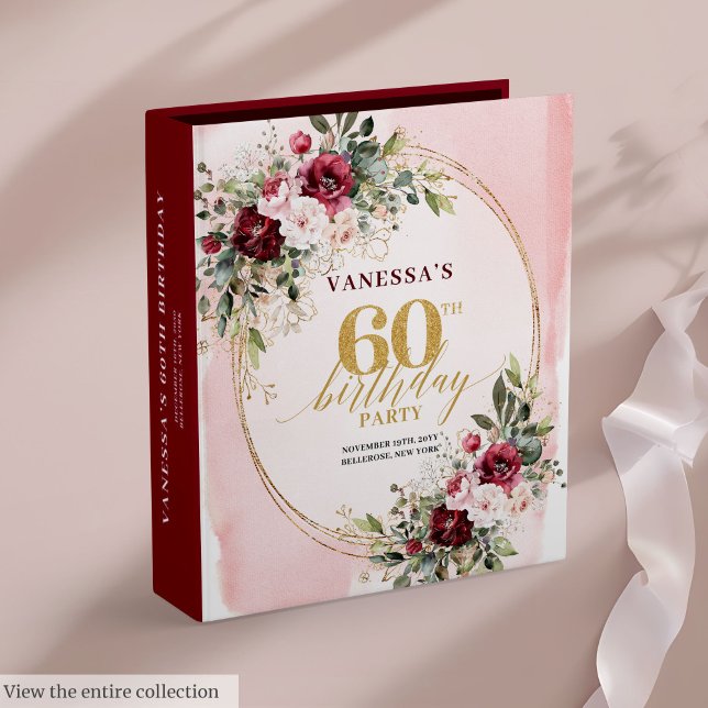 Stylish Boho Burgundy Gold Roses 60th Memory Album 3 Ring Binder (Stylish Boho Burgundy Gold Roses 60th Memory Album)