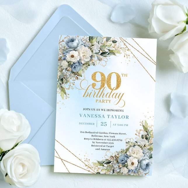 Stylish Boho Dusty Blue Gold Accent 90th Birthday Invitation (Stylish Dusty Blue Gold Accent 90th Birthday Invite

)