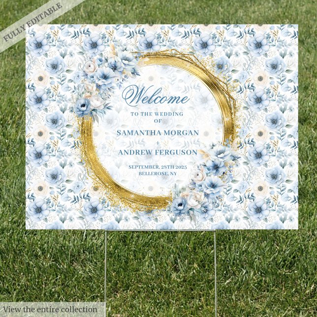 Stylish boho dusty blue gold horizontal wedding  sign (Stylish boho dusty blue gold horizontal wedding Sign)