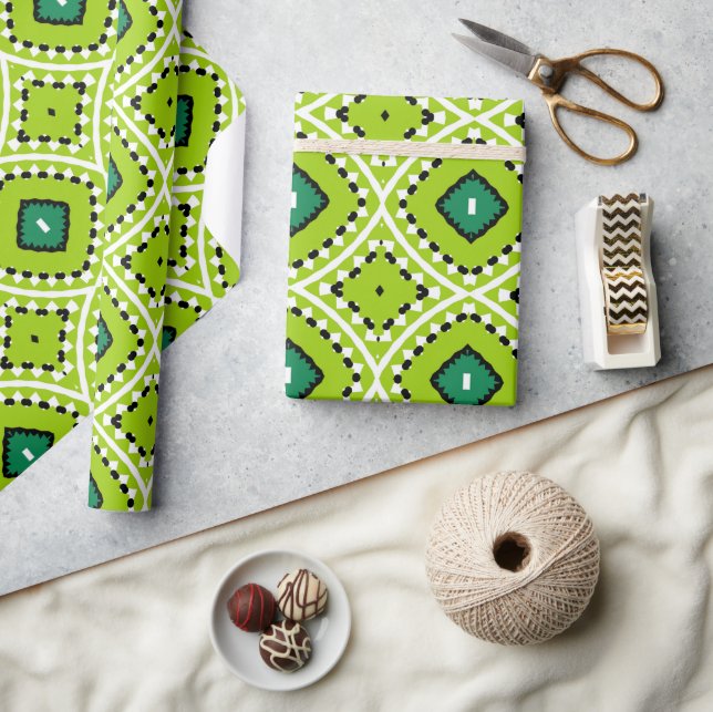Stylish Boho Ethnic Lime Green Geometric Pattern Wrapping Paper (Crafts)