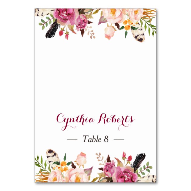 Stylish Boho Floral Feather Wedding Place Escort Card