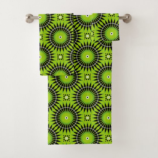 Stylish Boho Lime Green Geometric Pattern Bath Towel Set
