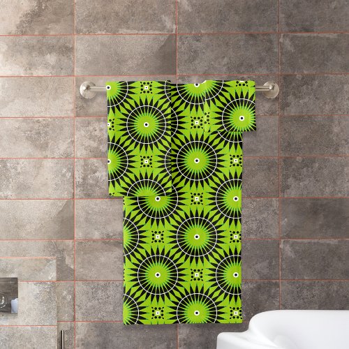 Stylish Boho Lime Green Geometric Pattern Bath Towel Set