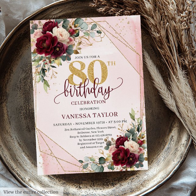 Stylish Boho Marsala Gold Flowers 80th Birthday  Invitation (Stylish Boho Marsala Gold Flowers 80th Birthday Invitation)