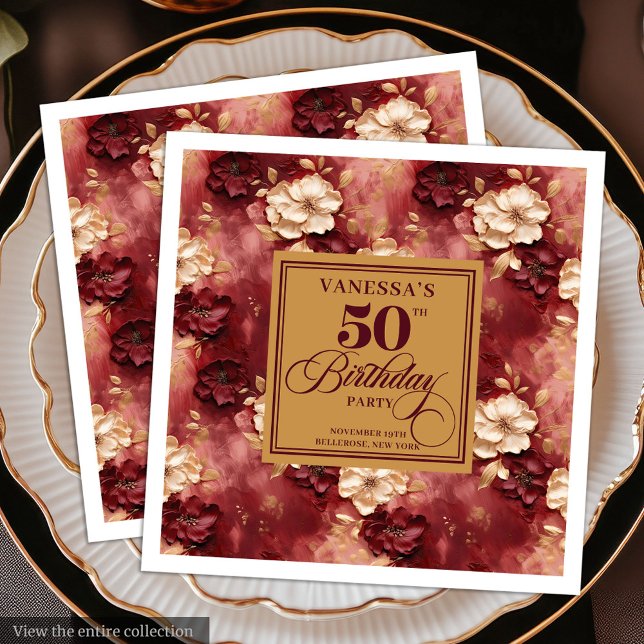 Stylish Boho Merlot Blush Gold 50th Birthday  Paper Dinner Napkins (Stylish Boho Merlot Blush Gold 50th Birthday Paper Dinner Napkins)