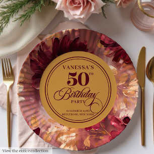 Stylish Boho Merlot Blush Gold 50th Birthday Paper Plates