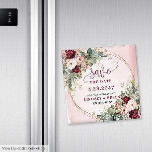 Stylish Boho Merlot Blush Gold Floral Save Date Magnet