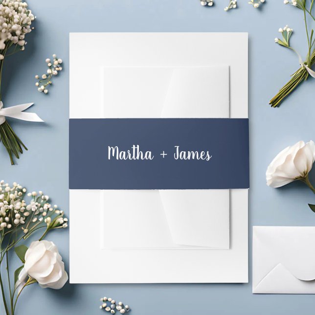 Stylish Boho Navy Blue & White Custom Wedding Invitation Belly Band (Stylish boho navy blue belly band wraps invitations with a custom, relaxed charm.)