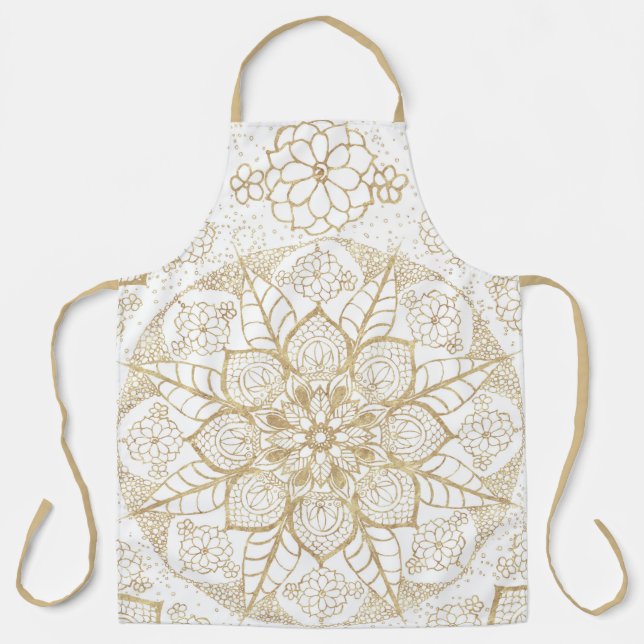 Stylish Boho White Gold Mandala Floral Apron (Front)