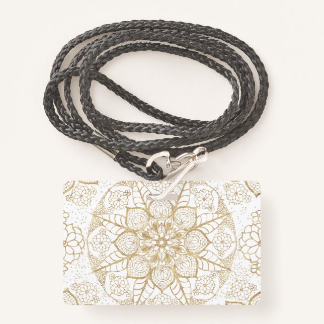 Stylish Boho White Gold Mandala Floral Badge (Front with Lanyard)