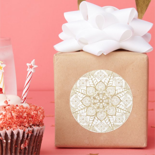 Stylish Boho White Gold Mandala Floral Classic Round Sticker (Party)