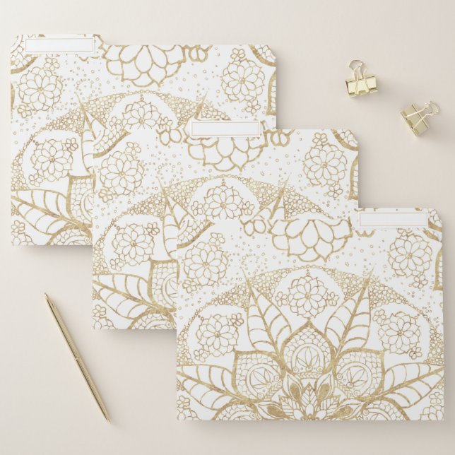 Stylish Boho White Gold Mandala Floral File Folder (Set)