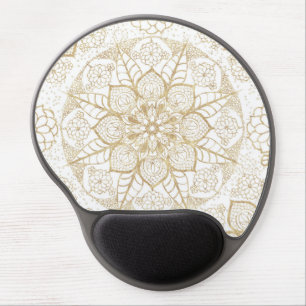 Stylish Boho White Gold Mandala Floral Gel Mouse Pad