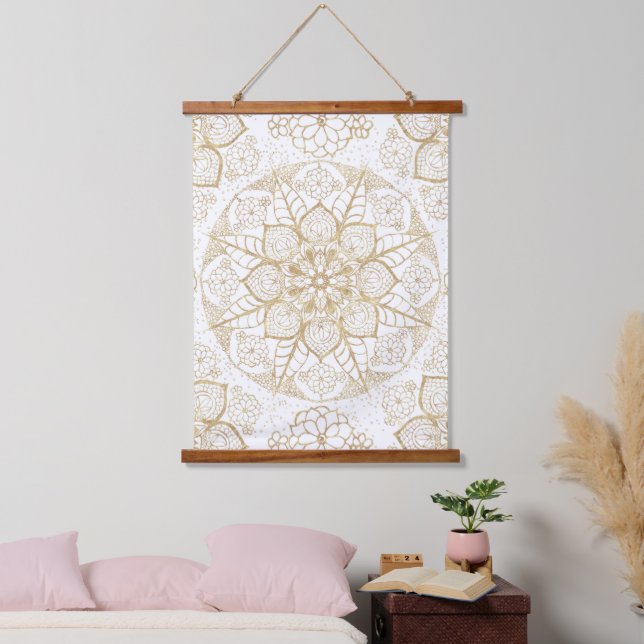 Stylish Boho White Gold Mandala Floral Hanging Tapestry (Bedroom)