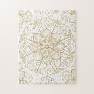 Stylish Boho White Gold Mandala Floral Jigsaw Puzzle