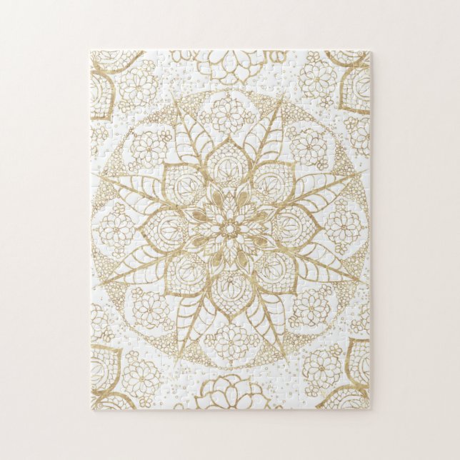 Stylish Boho White Gold Mandala Floral Jigsaw Puzzle (Vertical)