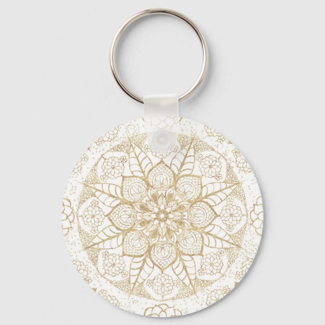 Stylish Boho White Gold Mandala Floral Keychain (Front)