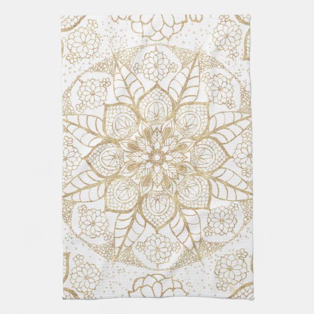Stylish Boho White Gold Mandala Floral Kitchen Towel (Vertical)