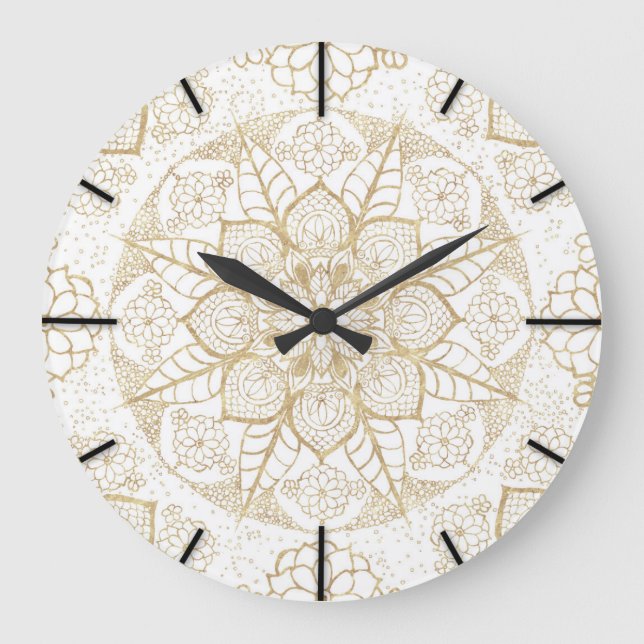 Stylish Boho White Gold Mandala Floral Large Clock (Front)