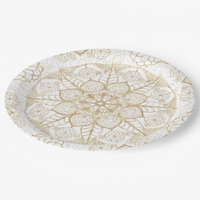 Stylish Boho White Gold Mandala Floral Paper Plates (Angled)