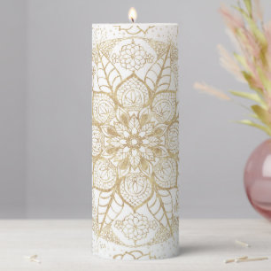 Stylish Boho White Gold Mandala Floral Pillar Candle