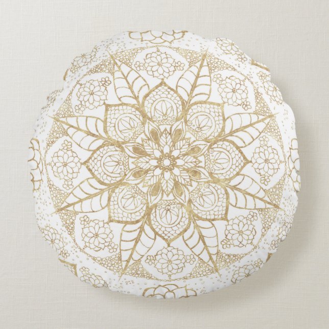 Stylish Boho White Gold Mandala Floral Round Pillow (Front)