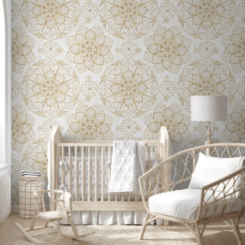 Stylish Boho White Gold Mandala Floral Wallpaper