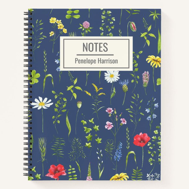 Stylish Boho Wildflowers Floral Blue Personalized Notebook (Front)