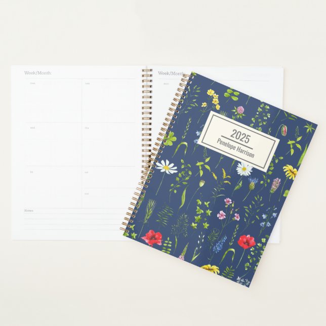 Stylish Boho Wildflowers Floral Blue Personalized Planner (Display)