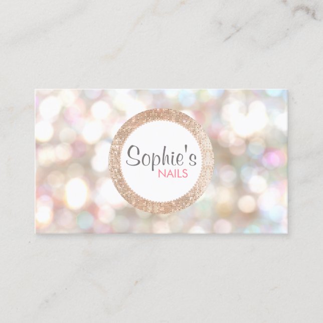 Stylish Bokeh and Rose Gold Sequin Nail Salon Business Card (Front)