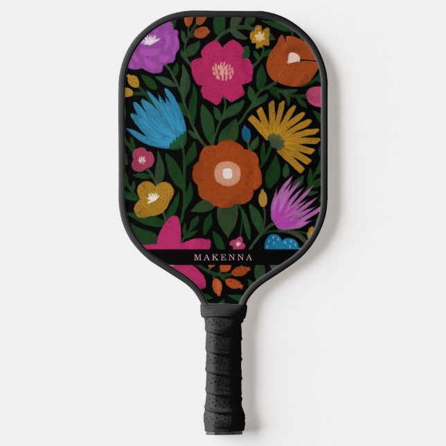 Stylish Bold Colorful Florals Name Black Pickleball Paddle (Front)