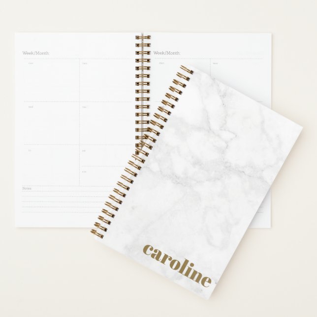 Stylish Bold Monogrammed White and Gray Marble Planner (Display)