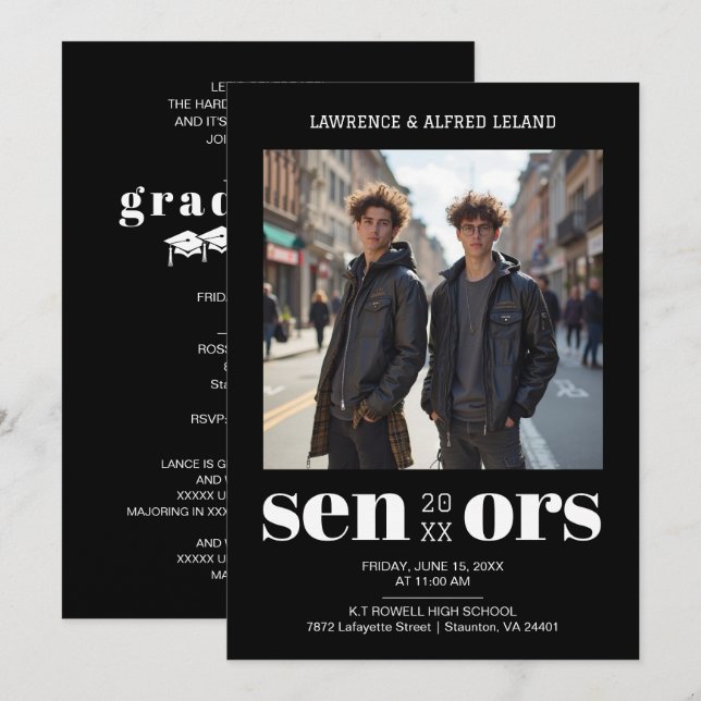 Stylish Bold Twins Sibling Senior Graduation TMF26 Invitation (Front/Back)