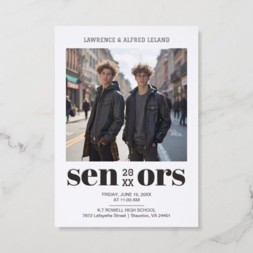 Stylish Bold Twins Sibling Senior Graduation TMF26 Letterpress Photo Cards