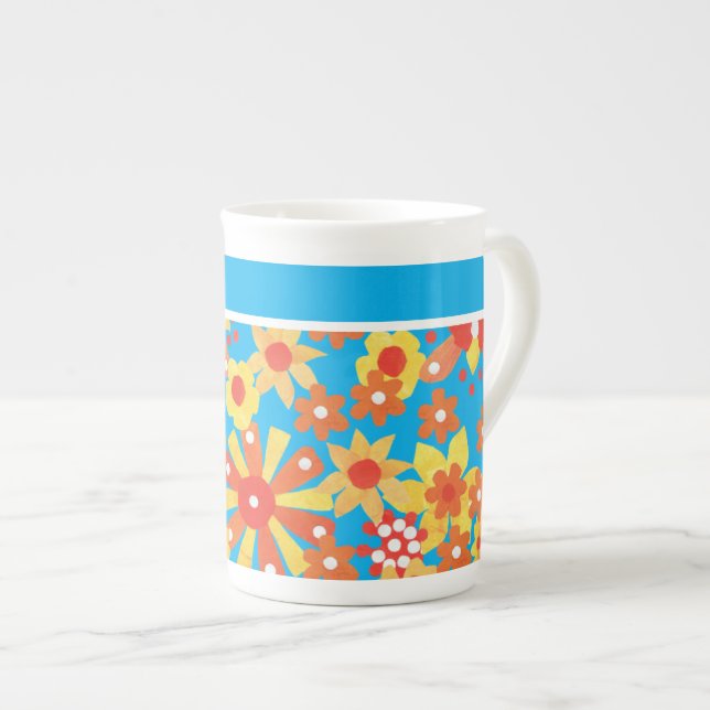 Stylish Bone China Mug, Ditzy Orange Flowers Mug (Front Right)